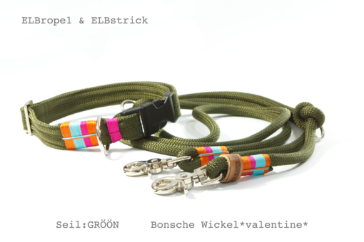 Elbband verstellbare Führleine oliv / bunte Streifen mit passendem Halsband